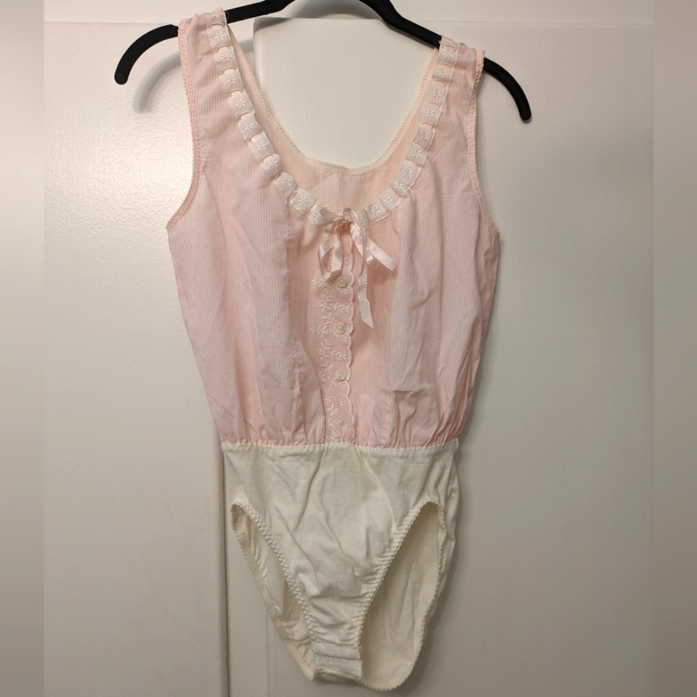 Vintage Olga Pinstripe Ribbon Embroidered Cotton Bodysuit